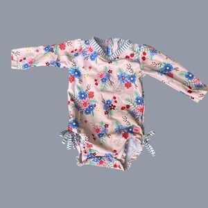 RuffleButts Floral Rash Guard Swimsuit Kids 6-12m Pink Long Sleeve Excellent